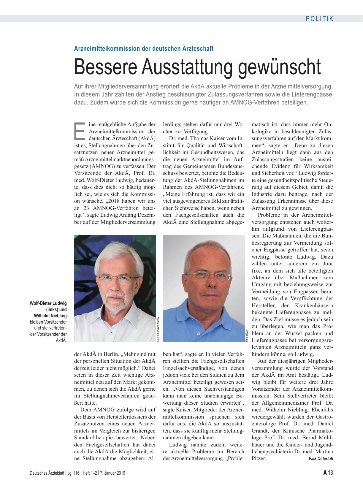 Vorschauseite 1: Arzneimittelkommission der deutschen Ärzteschaft: Bessere Ausstattung gewünscht