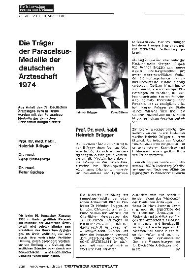 Vorschauseite 1: Die Träger der Paracelsus-Medaille der deutschen Ärzteschaft 1974