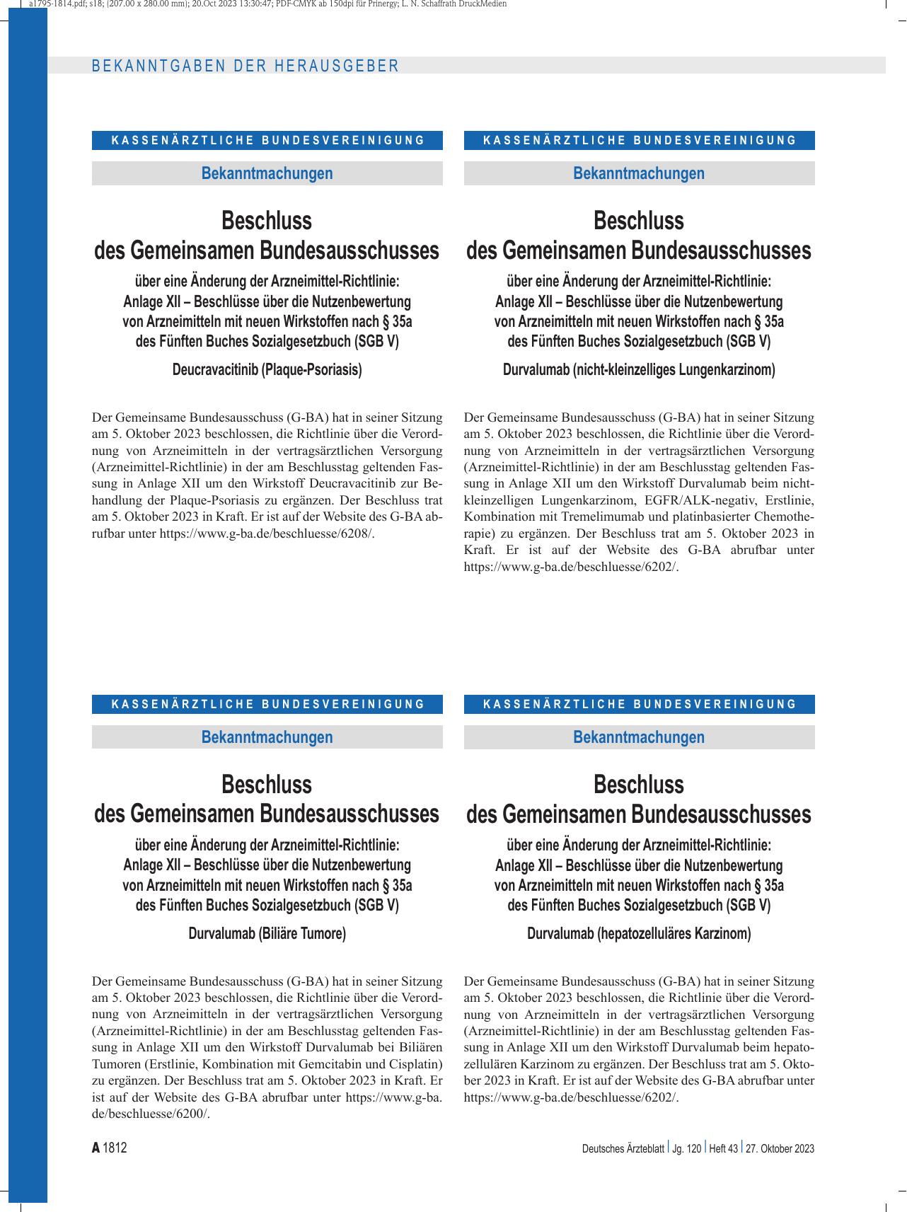 Vorschauseite 1: Beschluss des Gemeinsamen Bundesausschusses über eine Änderung der Arzneimittel-Richtlinie: Durvalumab (Biliäre Tumore)