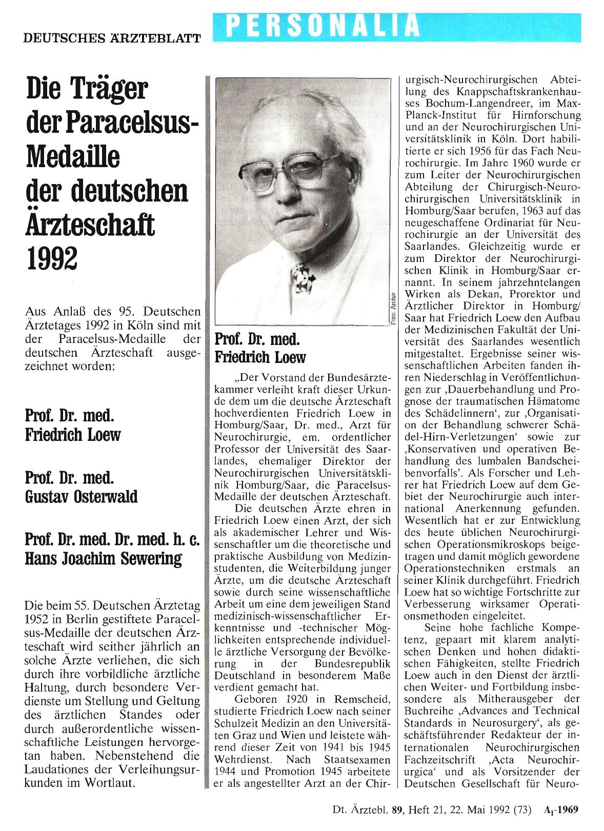 Vorschauseite 1: Die Träger der Paracelsus-Medaille der deutschen Ärzteschaft 1992