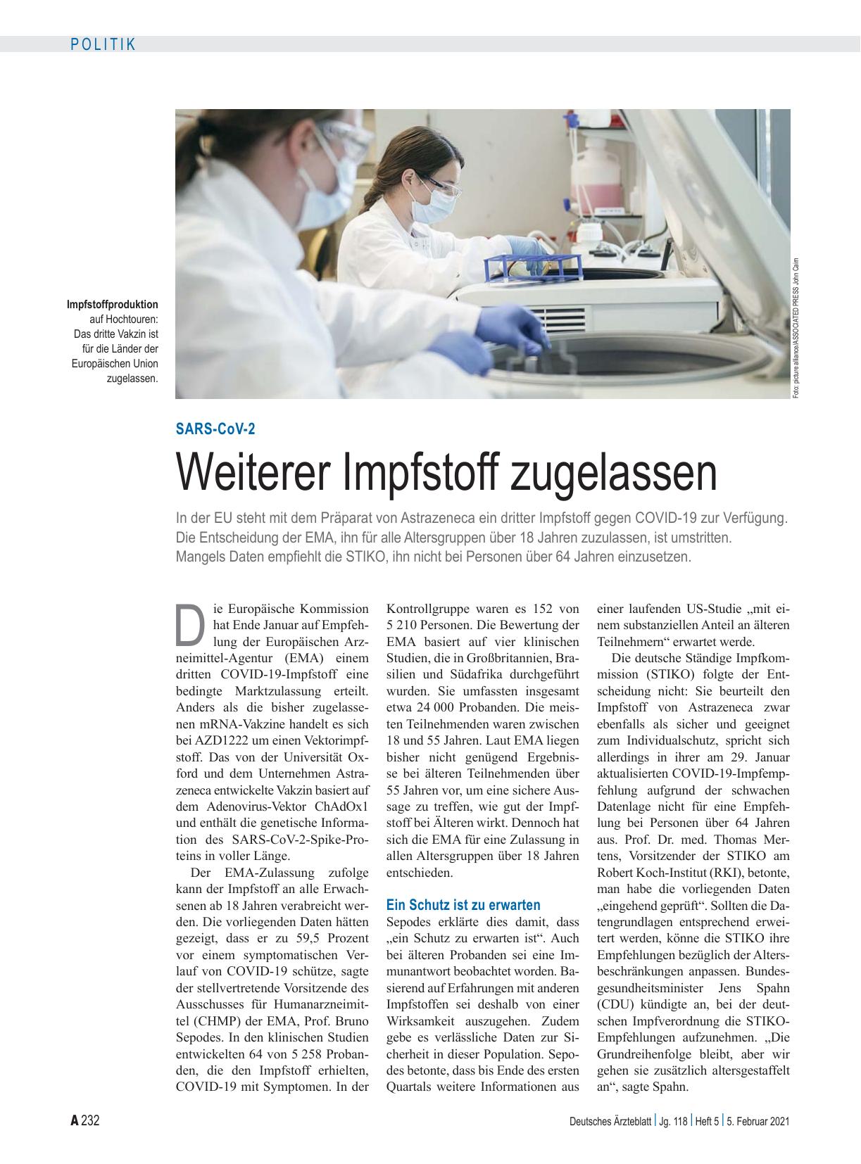 Vorschauseite 1: SARS-CoV-2: Weiterer Impfstoff zugelassen