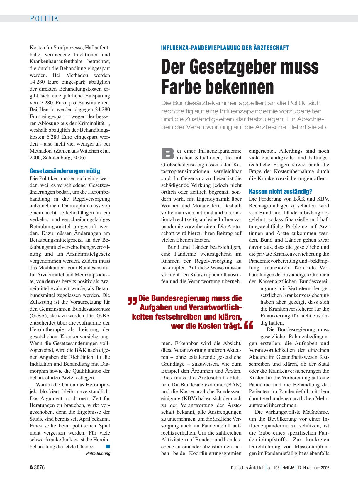 Vorschauseite 1: Influenza-Pandemieplanung der Ärzteschaft: Der Gesetzgeber muss Farbe bekennen
