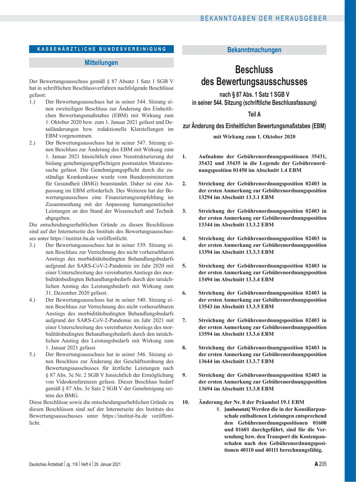 Vorschauseite 1: Beschluss des Bewertungsausschusses nach § 87 Abs. 1 Satz 1 SGB V in seiner 544. Sitzung (schriftliche Beschlussfassung)