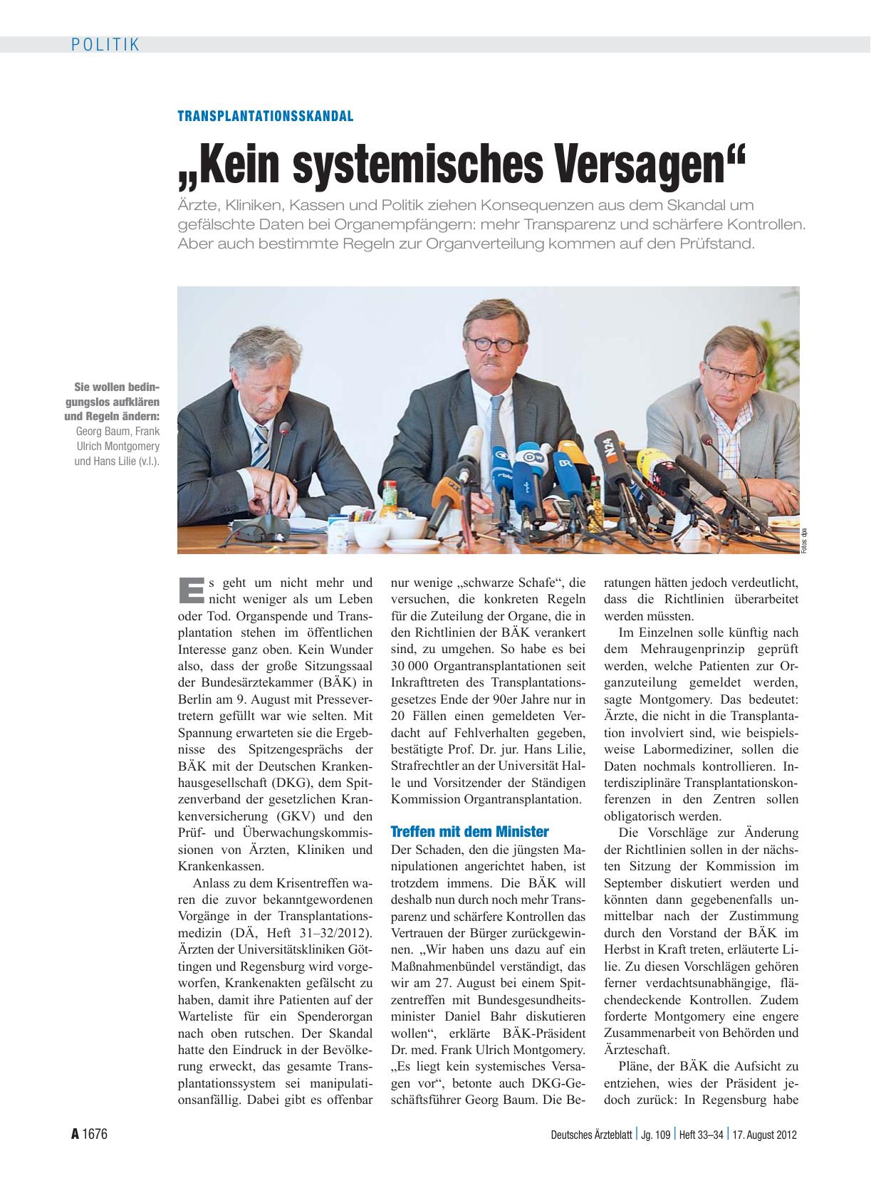 Vorschauseite 1: Transplantationsskandal: „Kein systemisches Versagen“