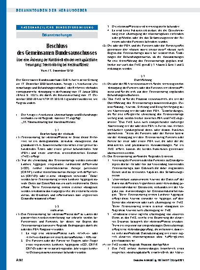 Vorschauseite 1: Beschluss des Gemeinsamen Bundesausschusses über eine Änderung der Richtlinie Methoden vertragsärztliche Versorgung: Telemonitoring bei Herzinsuffizienz