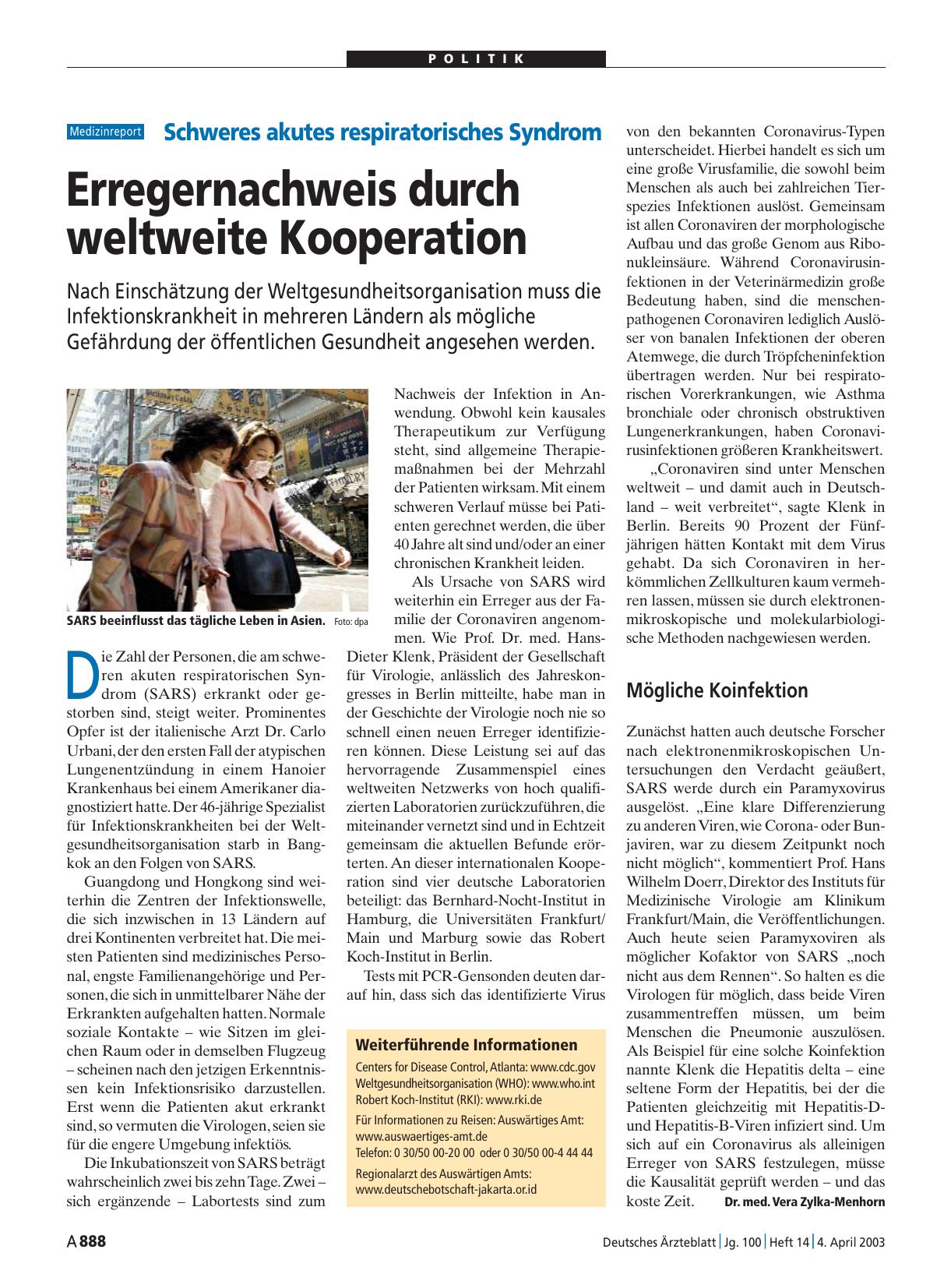 Vorschauseite 1: Schweres akutes respiratorisches Syndrom: Erregernachweis durch weltweite Kooperation