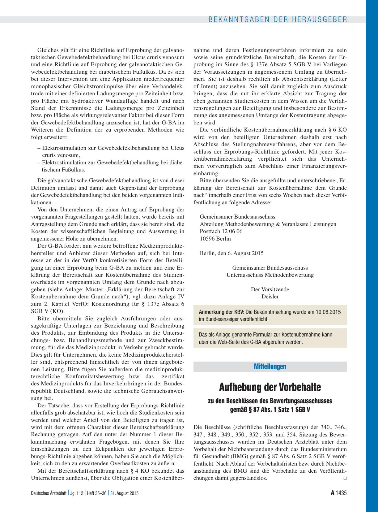 Vorschauseite 1: Aufhebung der Vorbehalte zu den Beschlüssen des Bewertungsausschusses gemäß § 87 Abs. 1 Satz 1 SGB V