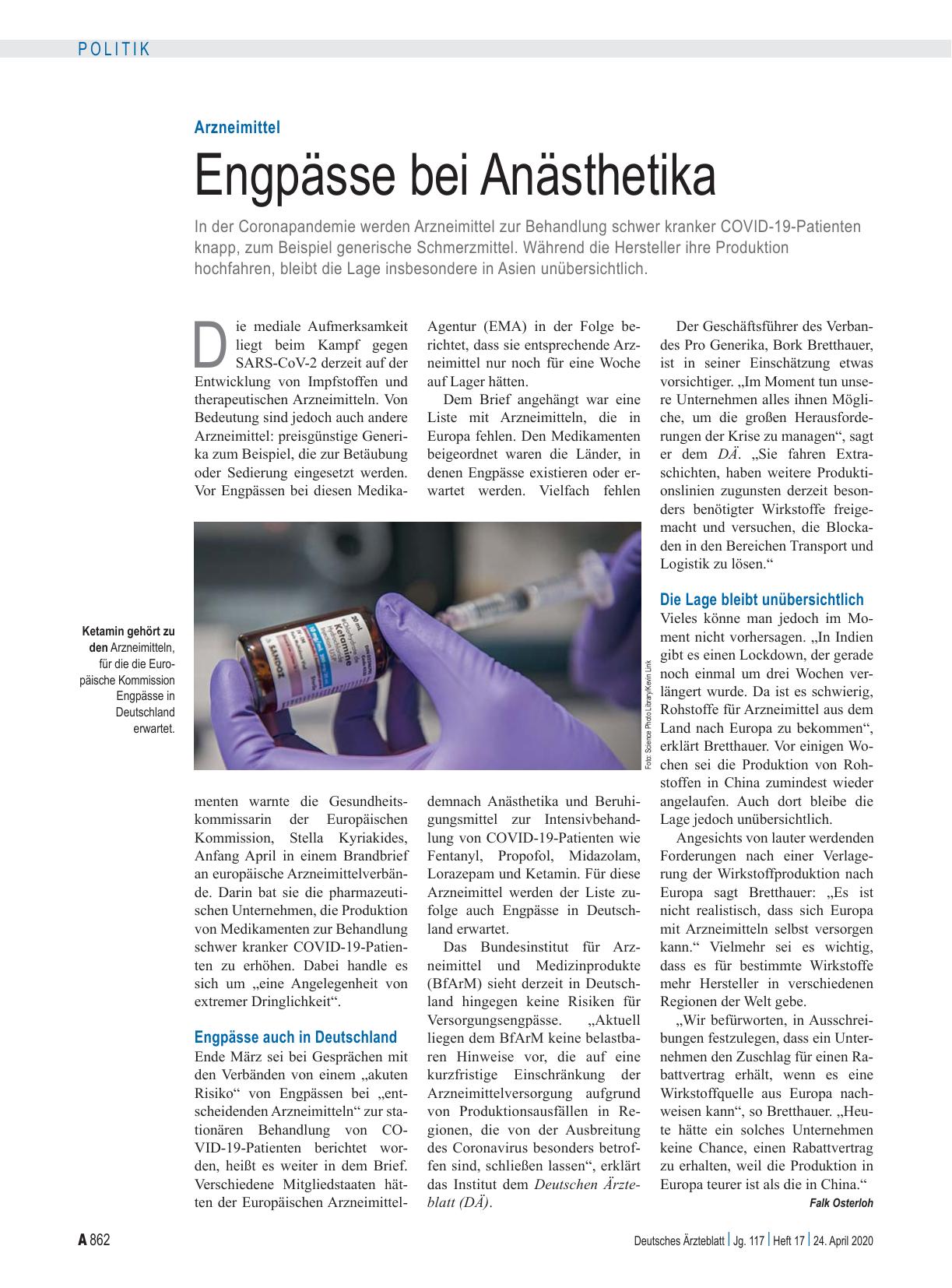 Vorschauseite 1: Arzneimittel: Engpässe bei Anästhetika