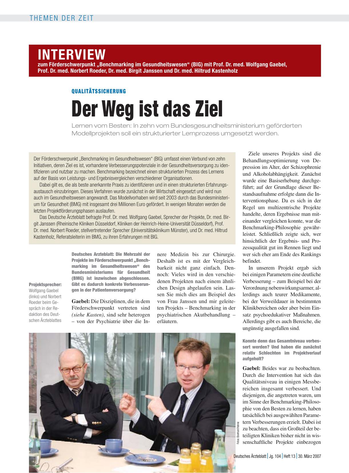 Vorschauseite 1: Interview zum Förderschwerpunkt „Benchmarking im Gesundheitswesen“ (BIG) mit Prof. Dr. med. Wolfgang Gaebel, Prof. Dr. med. Norbert Roeder, Dr. med. Birgit Janssen und Dr. med. Hi…