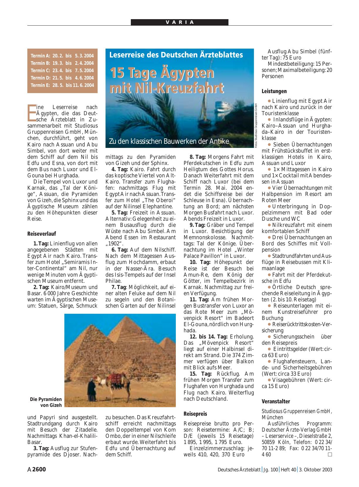 Vorschauseite 1: Leserreise des Deutschen Ärzteblattes: 15 Tage Ägypten mit Nil-Kreuzfahrt