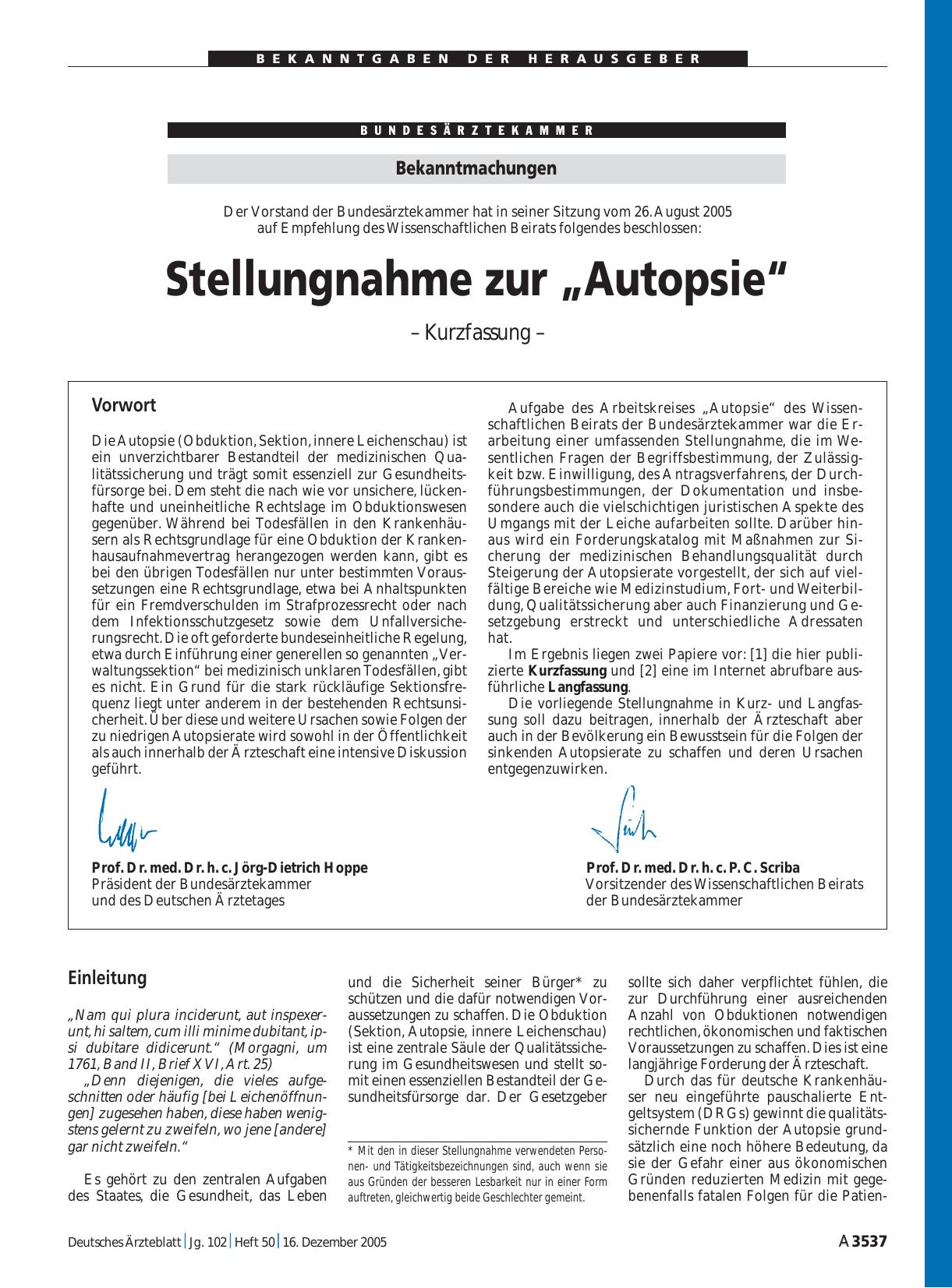 Vorschauseite 1: Bekanntmachungen: Der Vorstand der Bundesärztekammer hat in seiner Sitzung vom 26. August 2005 auf Empfehlung des Wissenschaftlichen Beirats folgendes beschlossen: Stellungnahme z…