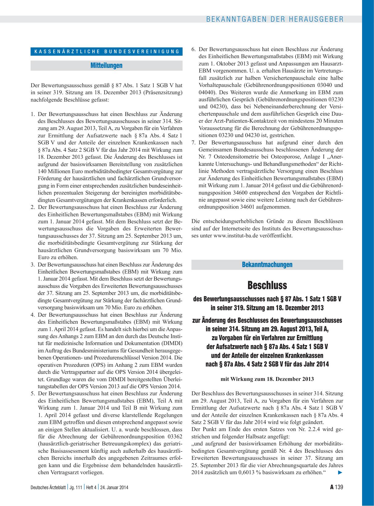 Vorschauseite 1: Beschluss des Bewertungsausschusses nach § 87 Abs. 1 Satz 1 SGB V in seiner 319. Sitzung am 18. Dezember 2013 zur Änderung des Beschlusses des Bewertungsausschusses in seiner 314.…