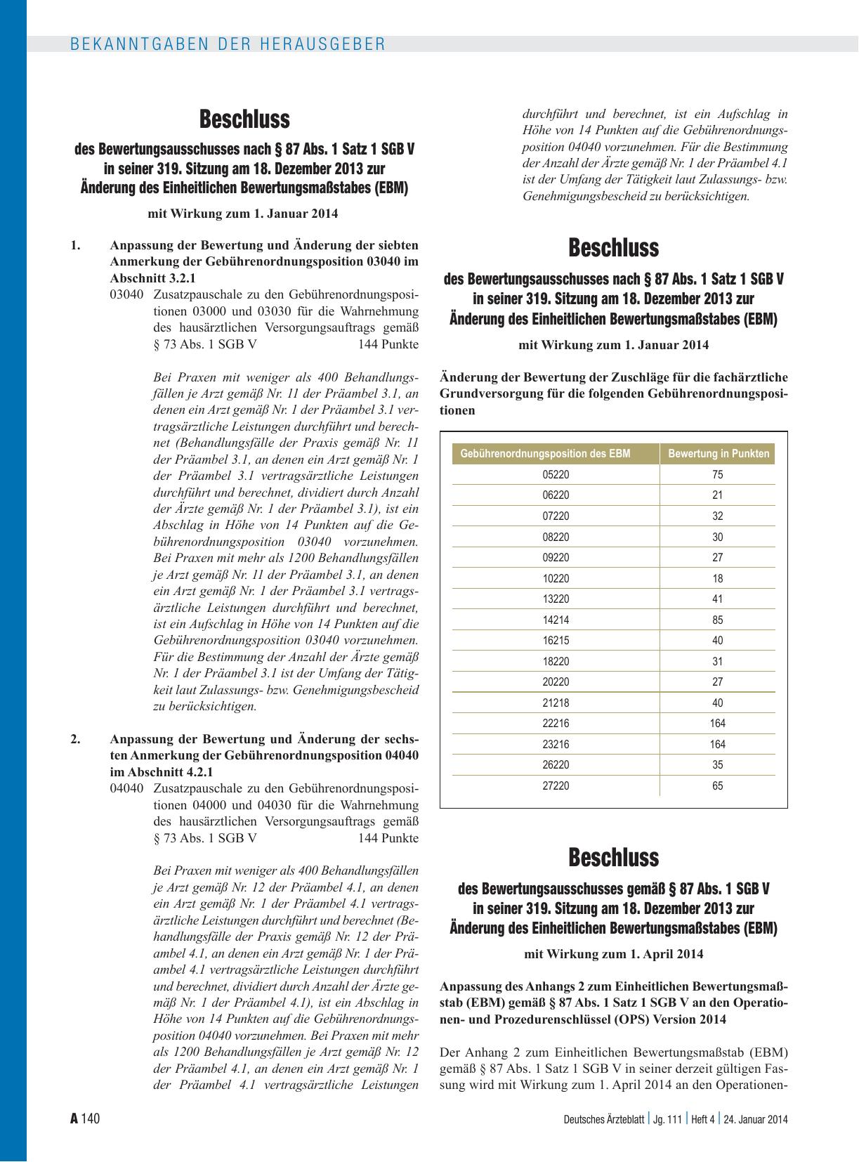 Vorschauseite 2: Beschluss des Bewertungsausschusses nach § 87 Abs. 1 Satz 1 SGB V in seiner 319. Sitzung am 18. Dezember 2013 zur Änderung des Beschlusses des Bewertungsausschusses in seiner 314.…