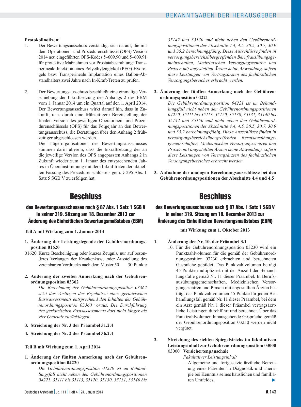Vorschauseite 5: Beschluss des Bewertungsausschusses nach § 87 Abs. 1 Satz 1 SGB V in seiner 319. Sitzung am 18. Dezember 2013 zur Änderung des Beschlusses des Bewertungsausschusses in seiner 314.…