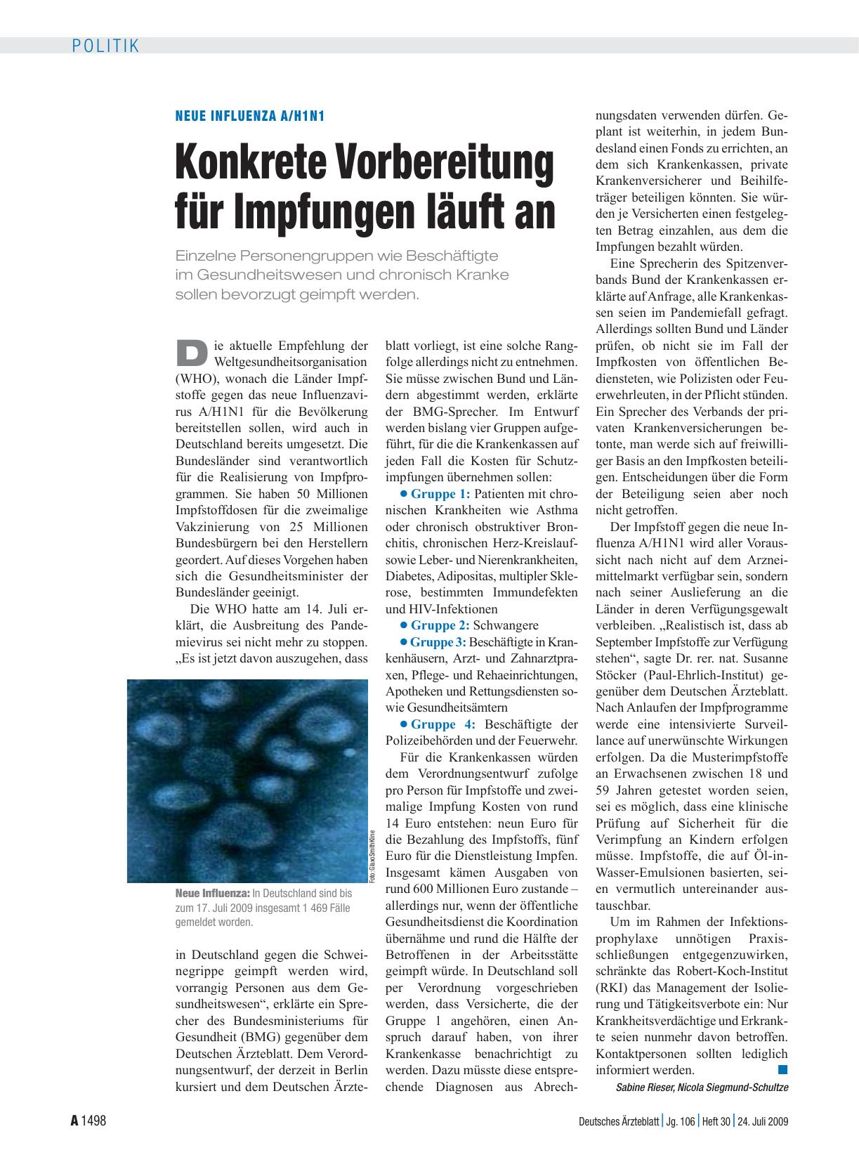 Vorschauseite 1: Neue Influenza A/H1N1: Konkrete Vorbereitung für Impfungen läuft an