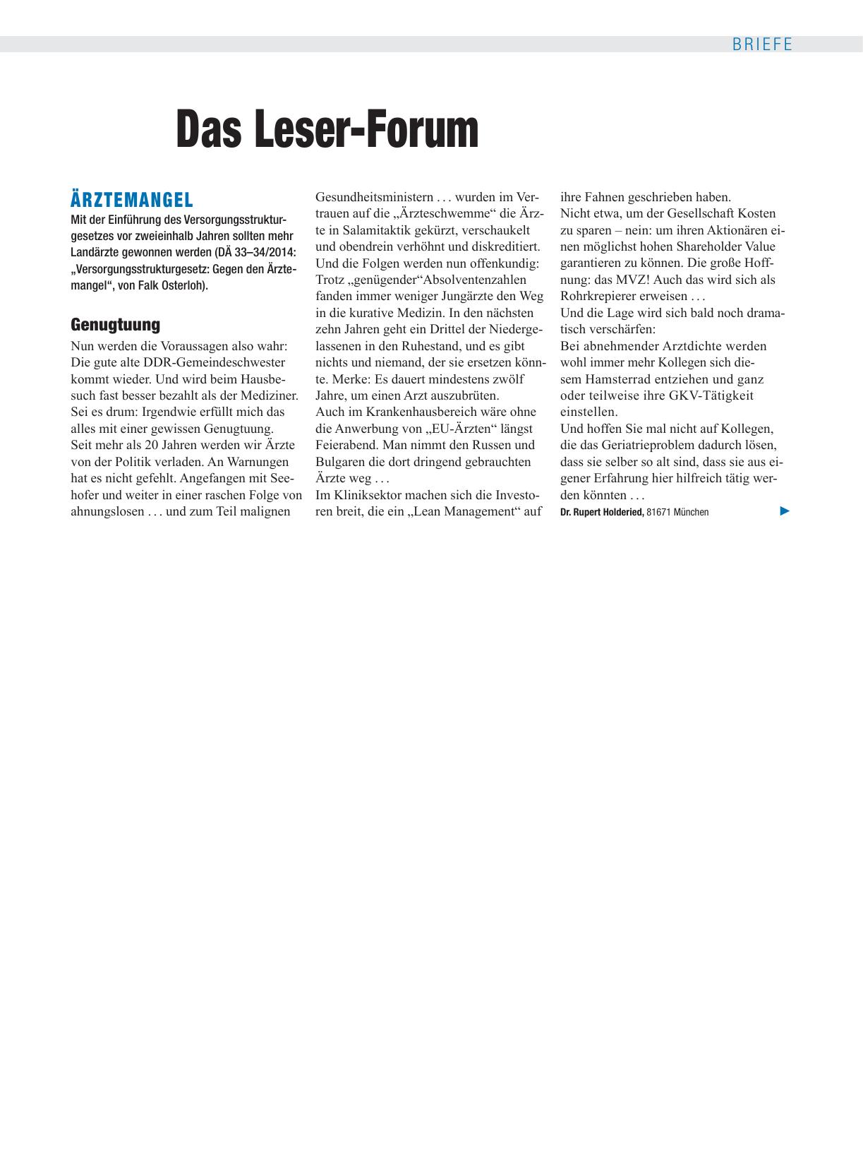 Vorschauseite 1: Ärztemangel: Genugtuung