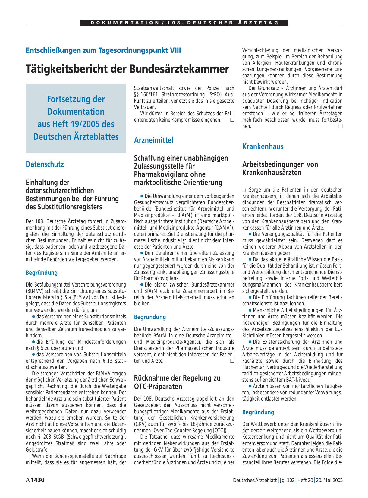 Vorschauseite 1: Entschließungen zum Tagesordnungspunkt VIII: Tätigkeitsbericht der Bundesärztekammer