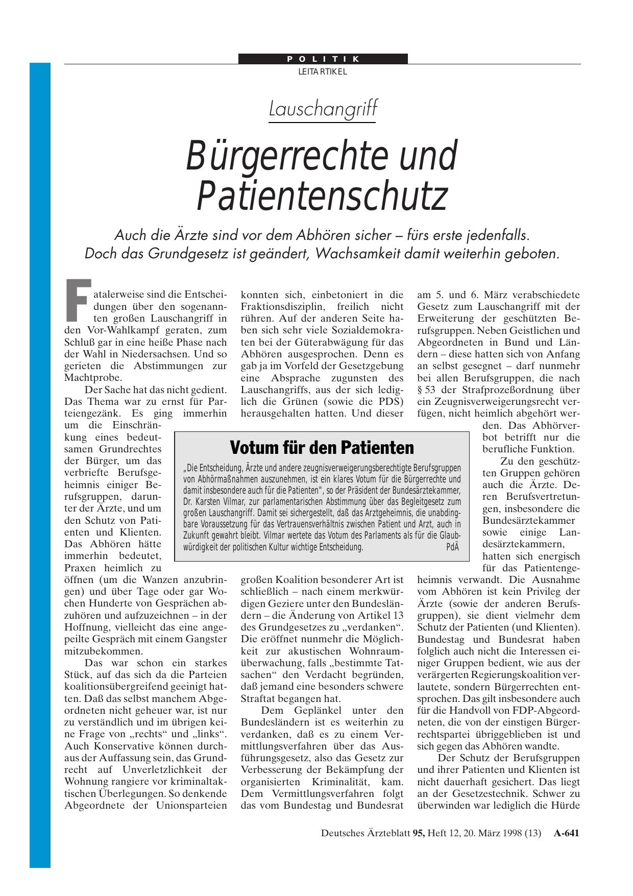 Vorschauseite 1: Lauschangriff: Bürgerrechte und Patientenschutz