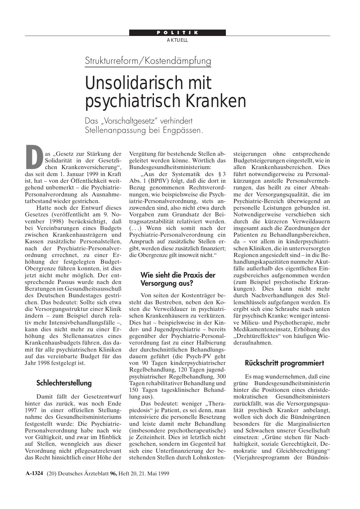 Vorschauseite 1: Strukturreform/Kostendämpfung: Unsolidarisch mit psychiatrisch Kranken
