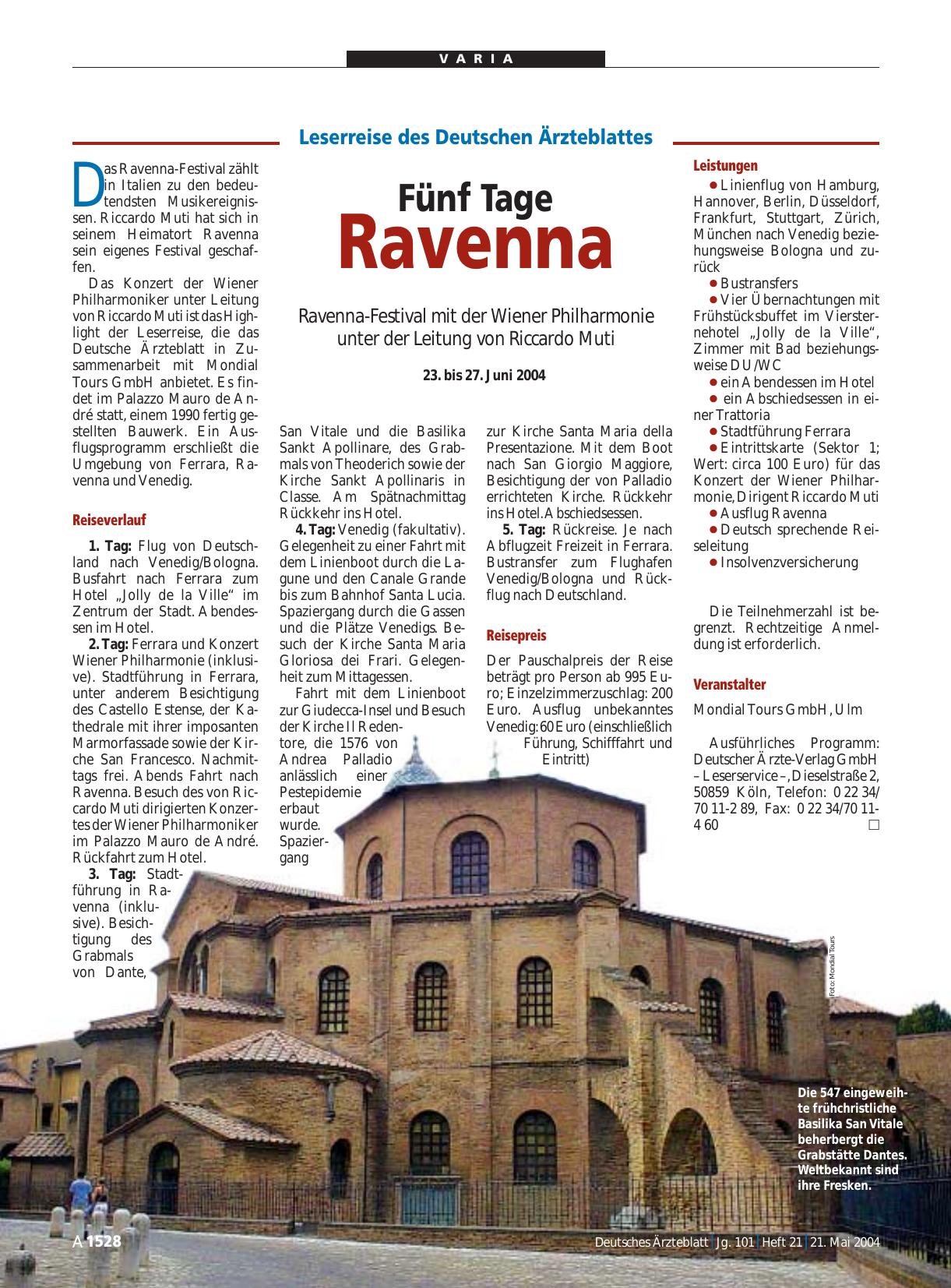 Vorschauseite 1: Leserreise des Deutschen Ärzteblattes: Fünf Tage Ravenna