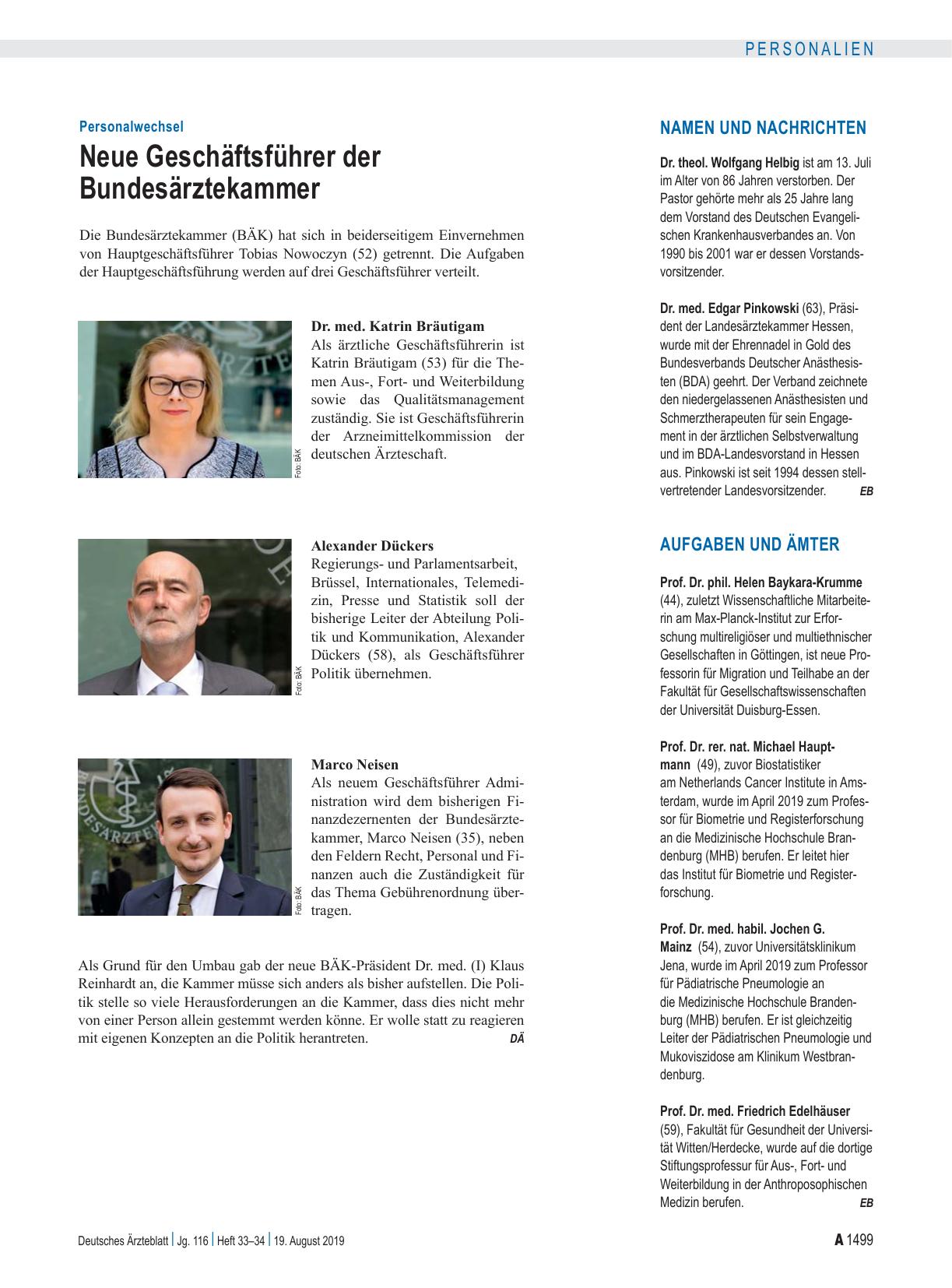 Vorschauseite 1: Personalwechsel: Neue Geschäftsführer der Bundesärztekammer