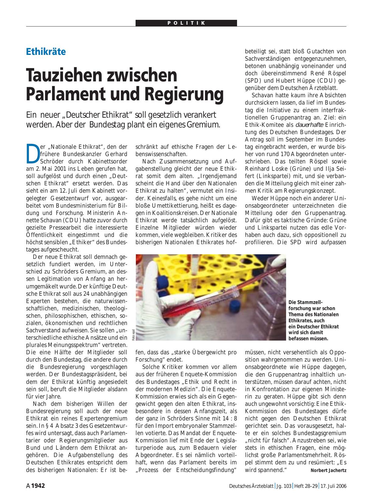 Vorschauseite 1: Ethikräte: Tauziehen zwischen Parlament und Regierung