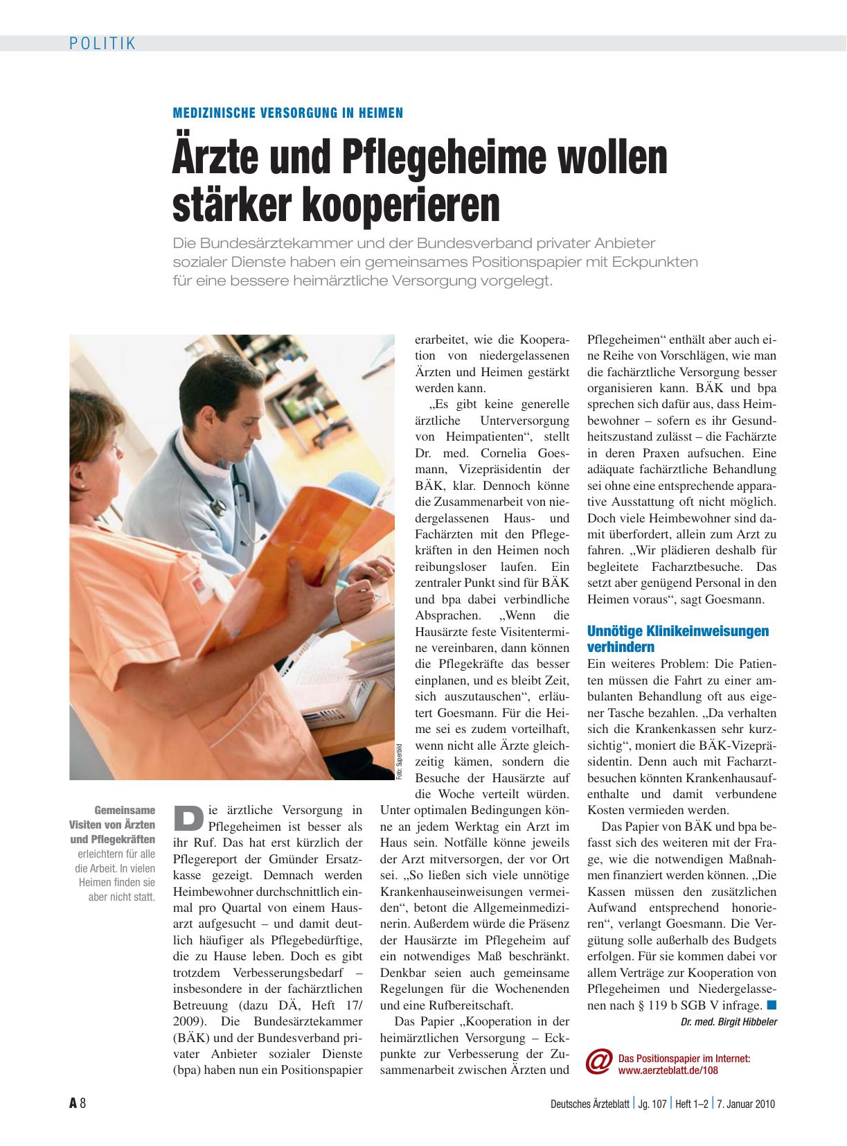 Vorschauseite 1: Medizinische Versorgung in Heimen: Ärzte und Pflegeheime wollen stärker kooperieren