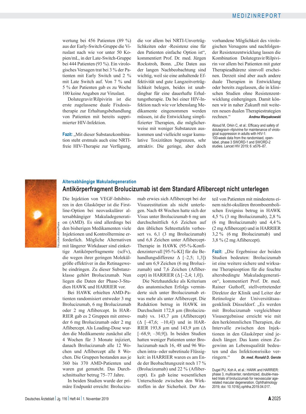 Vorschauseite 1: Altersabhängige Makuladegeneration: Antikörperfragment Brolucizumab ist dem Standard Aflibercept nicht unterlegen