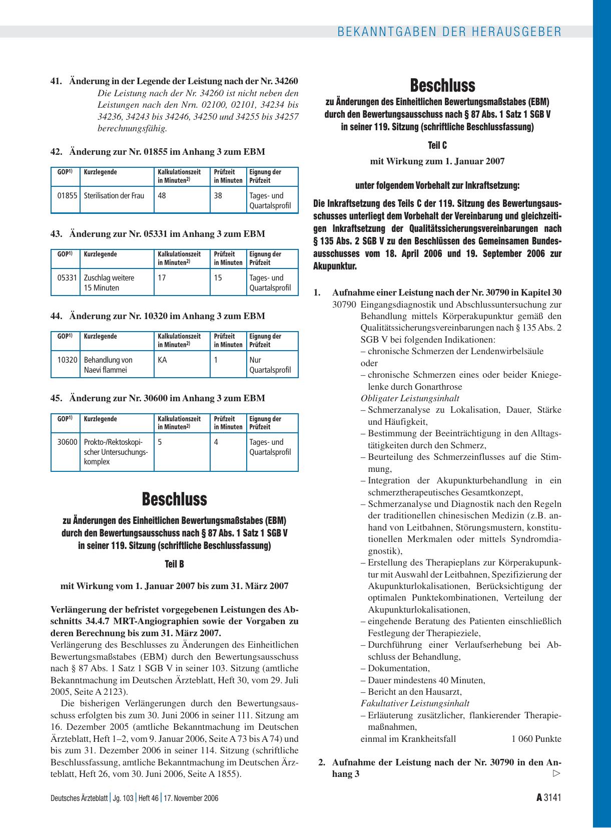 Vorschauseite 1: Bekanntmachungen: Beschluss zu Änderungen des Einheitlichen Bewertungsmaßstabes (EBM) durch den Bewertungsausschuss nach § 87 Abs. 1 Satz 1 SGB V in seiner 119. Sitzung (schriftli…