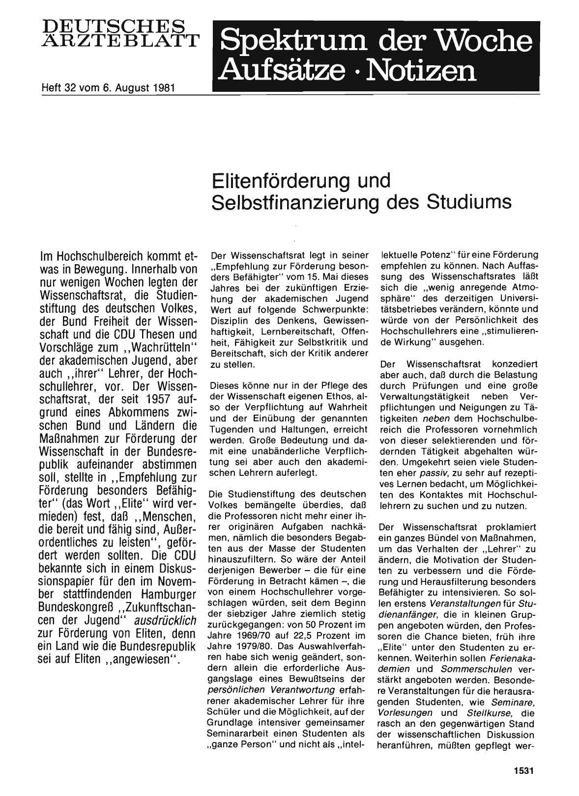 Vorschauseite 1: Elitenförderung und Selbstfinanzierung des Studiums