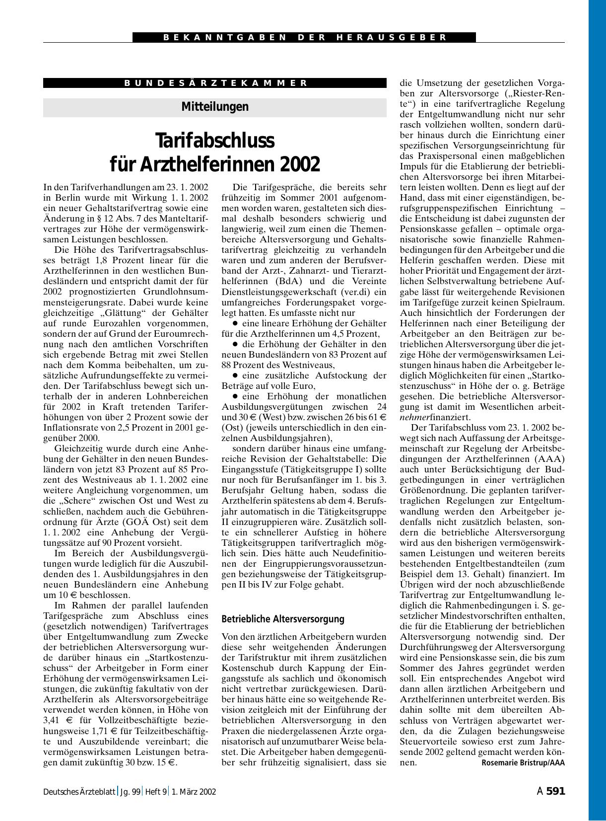 Vorschauseite 1: Mitteilungen: Tarifabschluss für Arzthelferinnen 2002