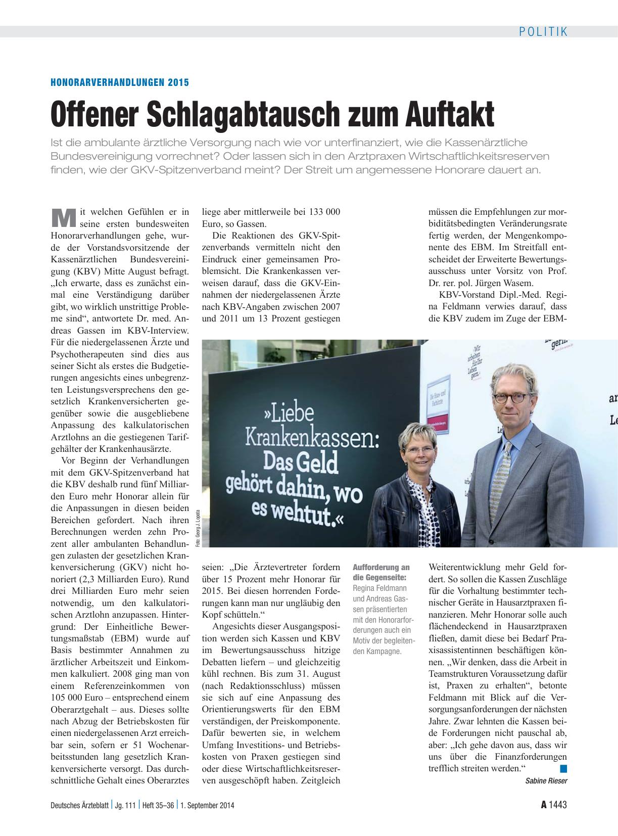 Vorschauseite 1: Honorarverhandlungen 2015: Offener Schlagabtausch zum Auftakt