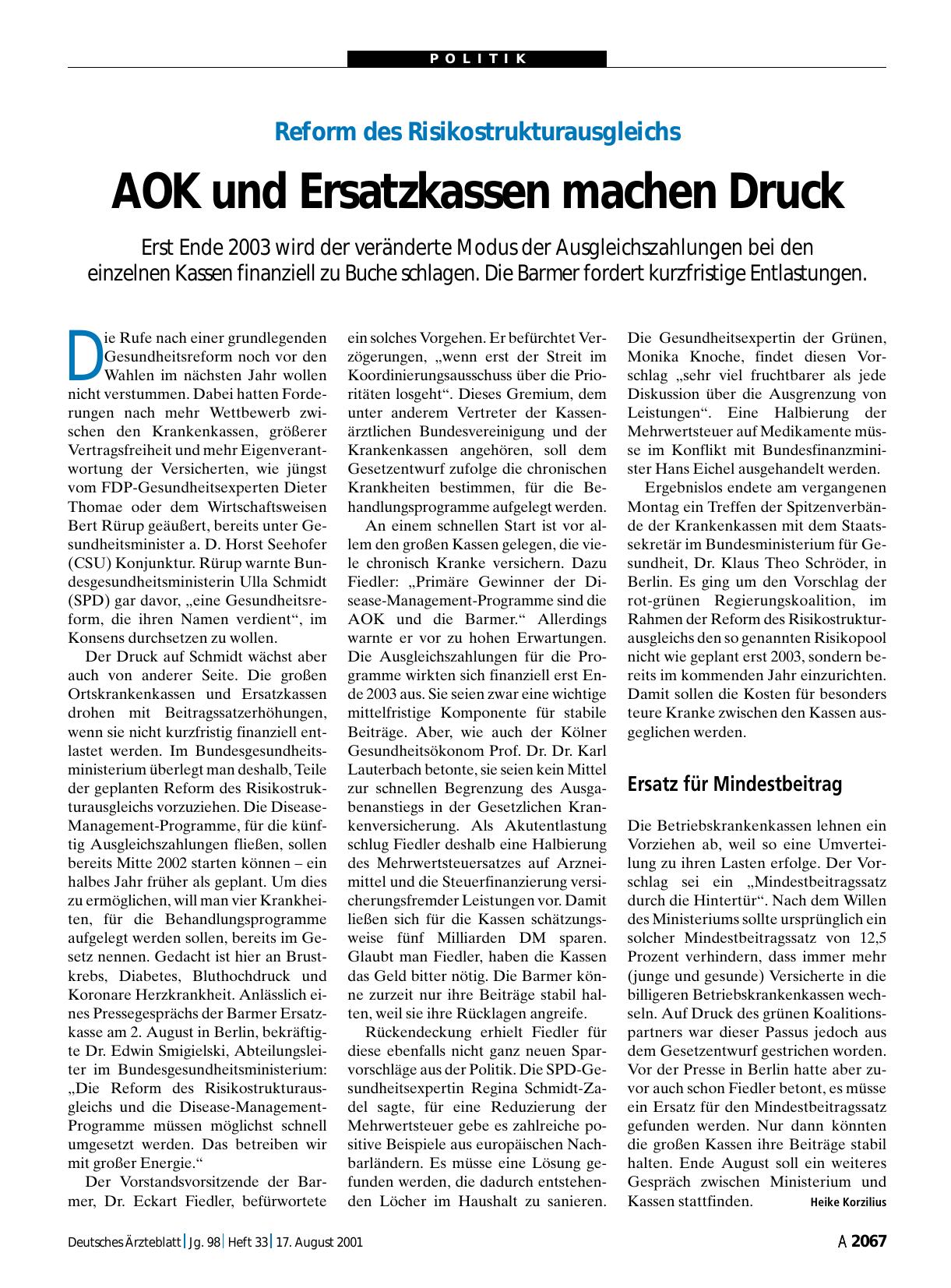 Vorschauseite 1: Reform des Risikostrukturausgleichs: AOK und Ersatzkassen machen Druck