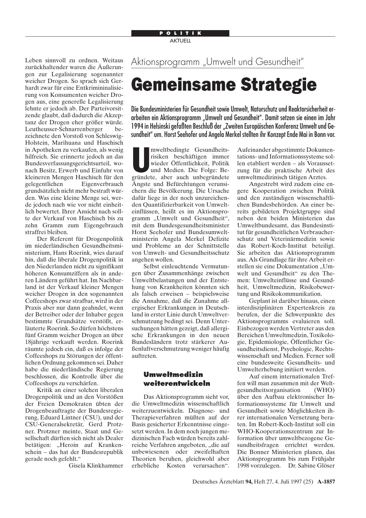 Vorschauseite 1: Aktionsprogramm „Umwelt und Gesundheit“: Gemeinsame Strategie