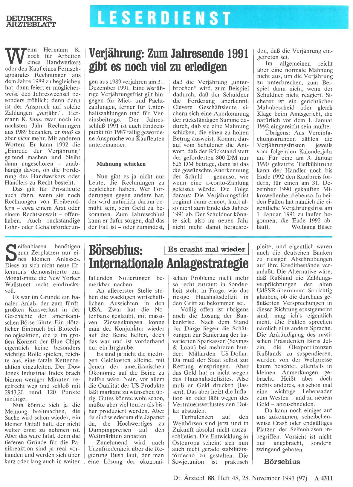 Vorschauseite 1: Verjährung: Zum Jahresende 1991 gibt es noch viel zu erledigen
