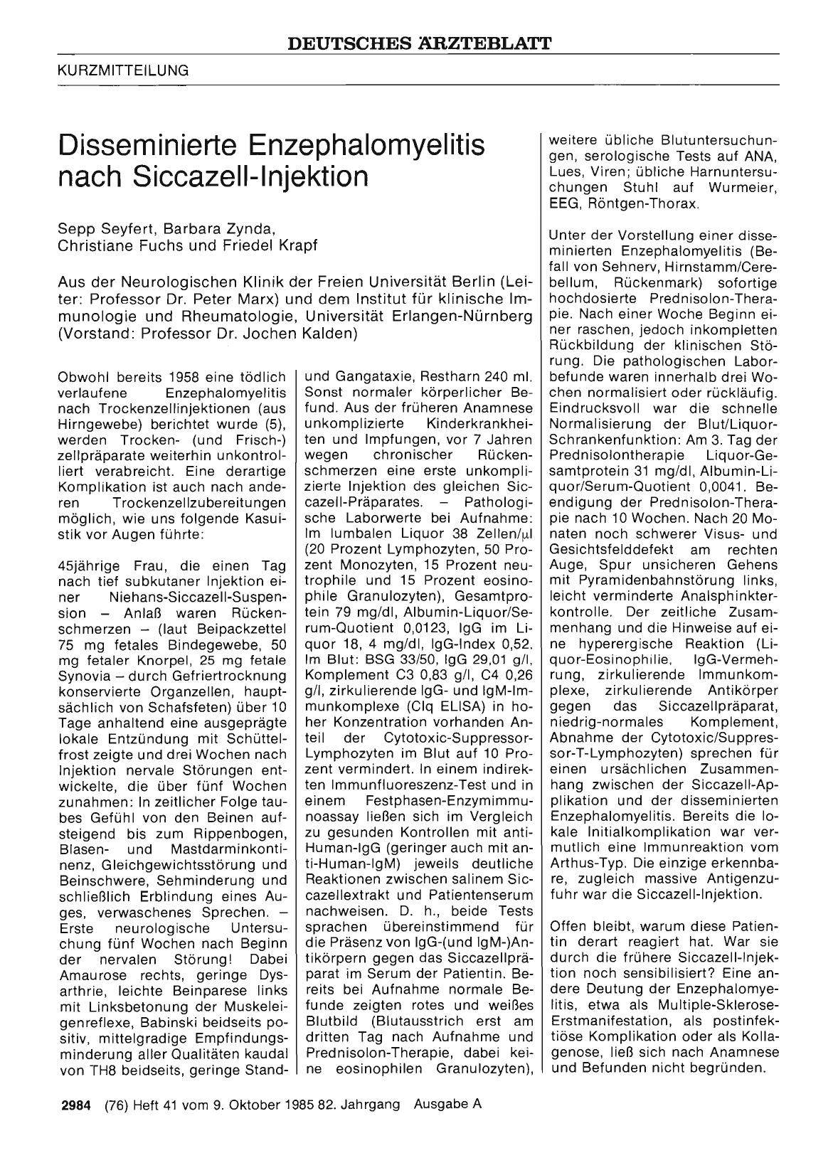 Vorschauseite 1: Disseminierte Enzephalomyelitis nach Siccazell-Injektion