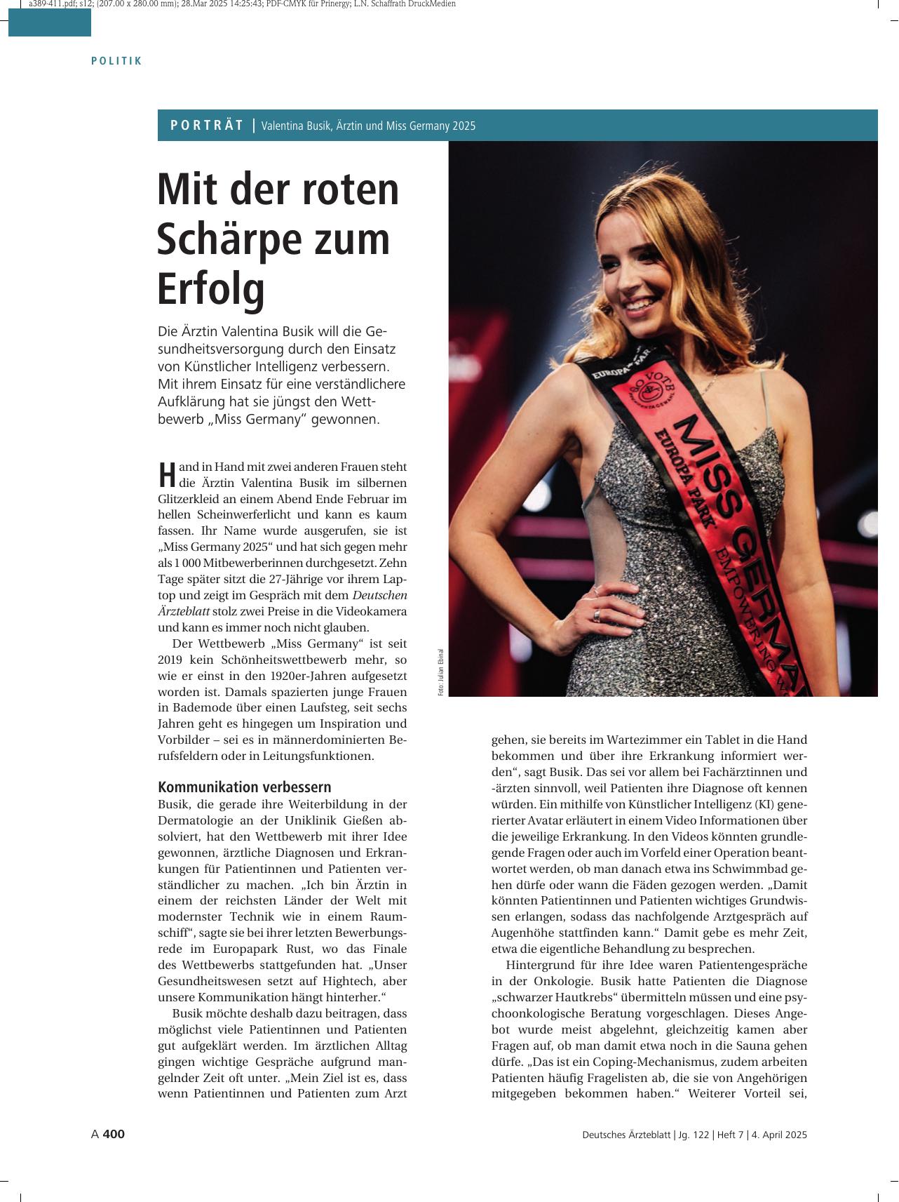 Vorschauseite 1: Valentina Busik, Ärztin und Miss Germany 2025: Mit der roten Schärpe zum Erfolg