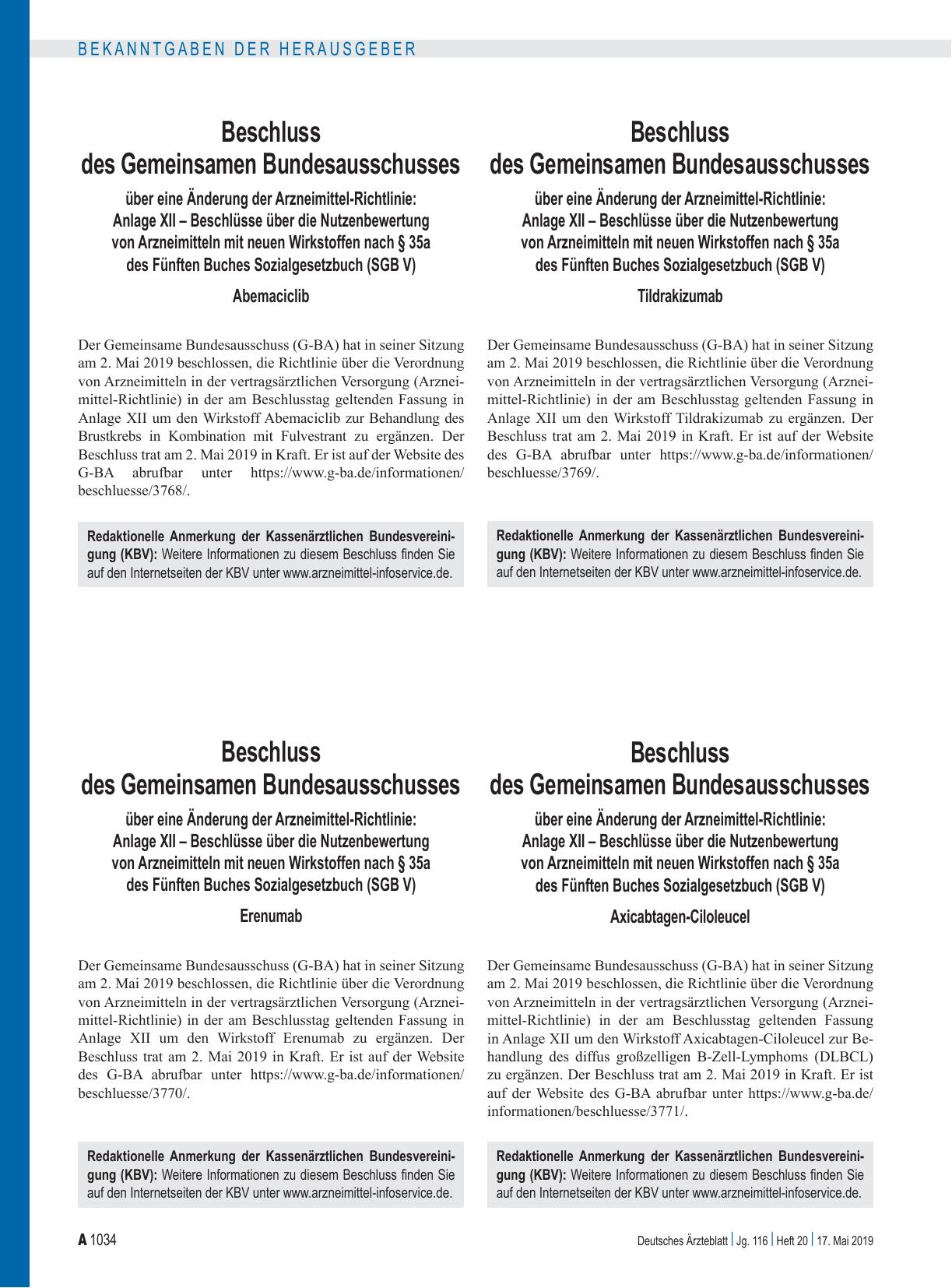 Vorschauseite 1: Beschluss des Gemeinsamen Bundesausschusses über eine Änderung der Arzneimittel-Richtlinie: Anlage XII – Erenumab
