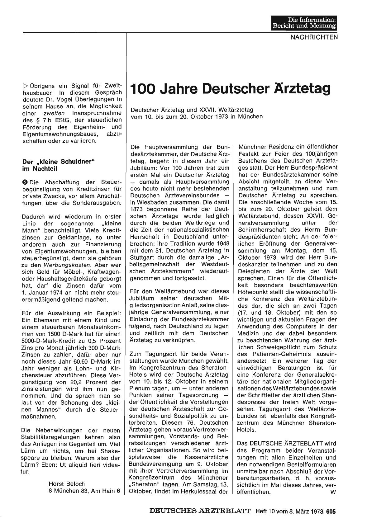 Vorschauseite 1: 100 Jahre Deutscher Ärztetag: Deutscher Ärztetag und XXVII. Weltärztetag vom 10. bis zum 20. Oktober 1973 in München