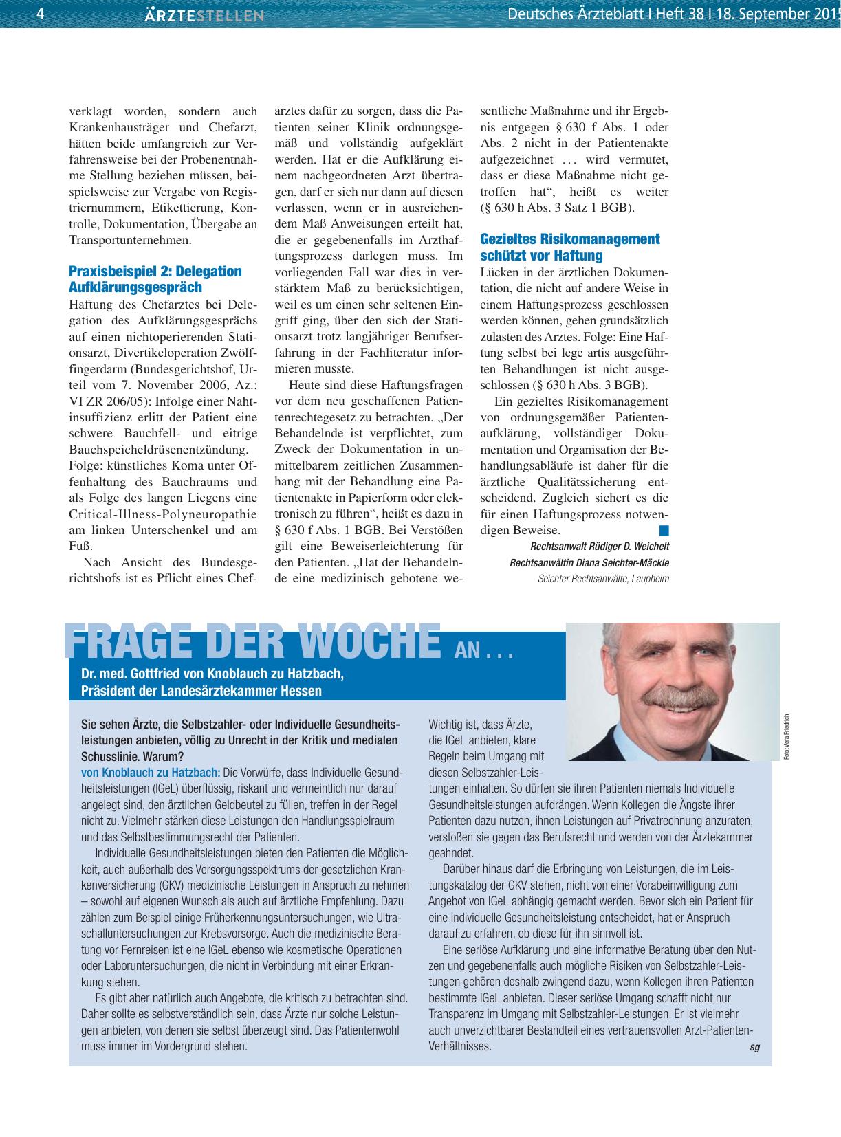 Vorschauseite 1: Frage der Woche an. .. Dr. med. Gottfried von Knoblauch zu Hatzbach, Präsident der Landesärztekammer Hessen