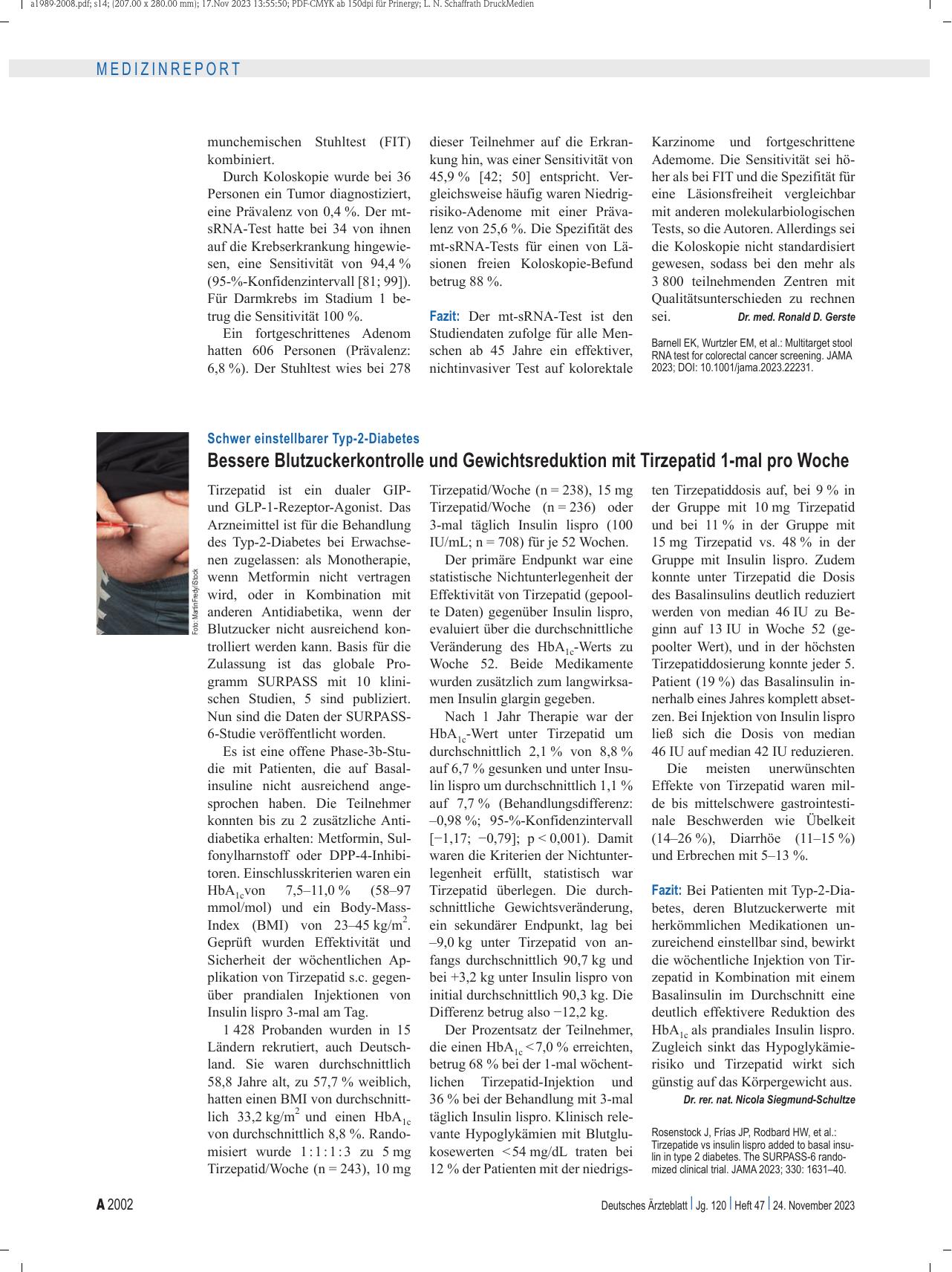 Vorschauseite 1: Schwer einstellbarer Typ-2-Diabetes: Bessere Blutzuckerkontrolle und Gewichtsreduktion mit Tirzepatid 1-mal pro Woche