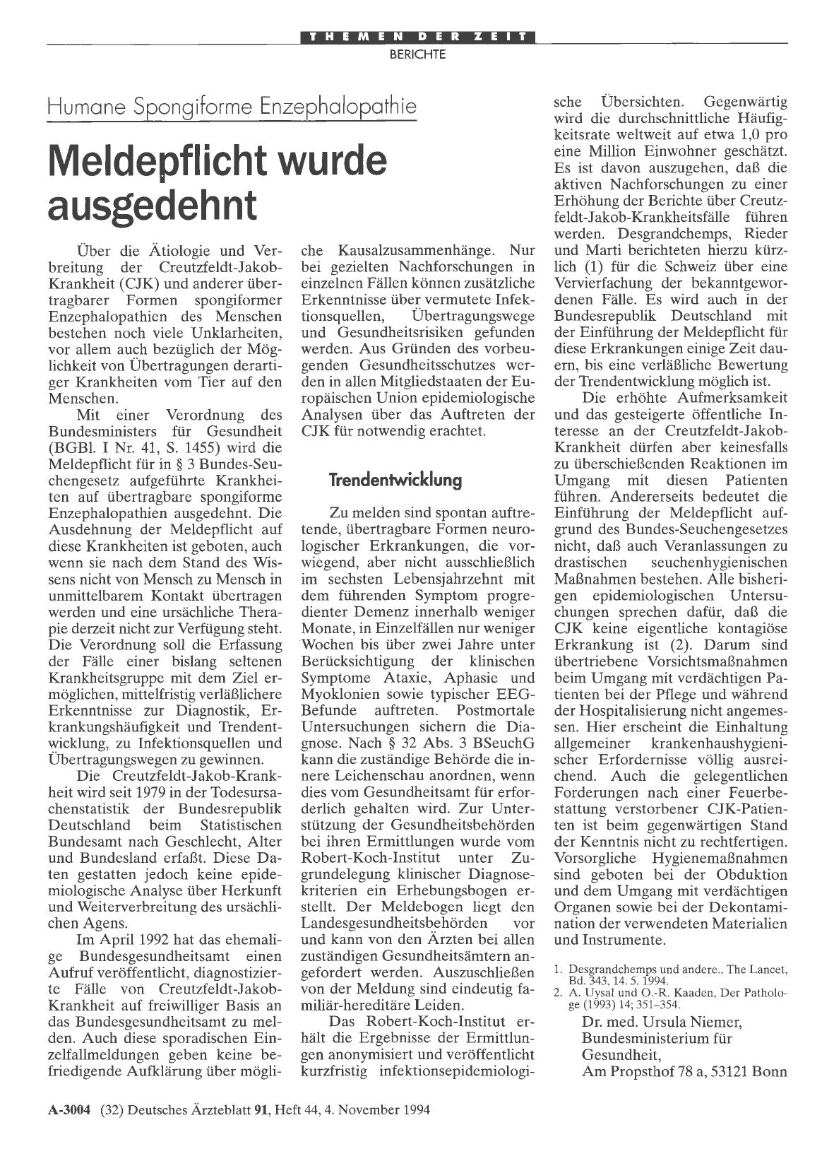 Vorschauseite 1: Humane Spongiforme Enzephalopathie: Meldepflicht wurde ausgedehnt