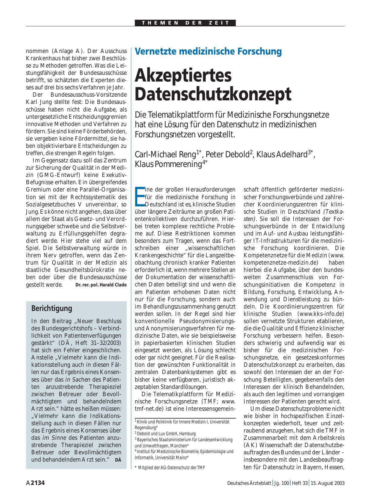 Vorschauseite 1: Vernetzte medizinische Forschung: Akzeptiertes Datenschutzkonzept