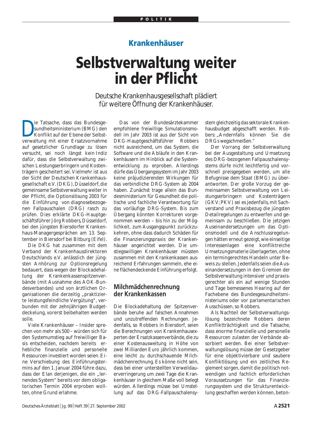 Vorschauseite 1: Krankenhäuser: Selbstverwaltung weiter in der Pflicht
