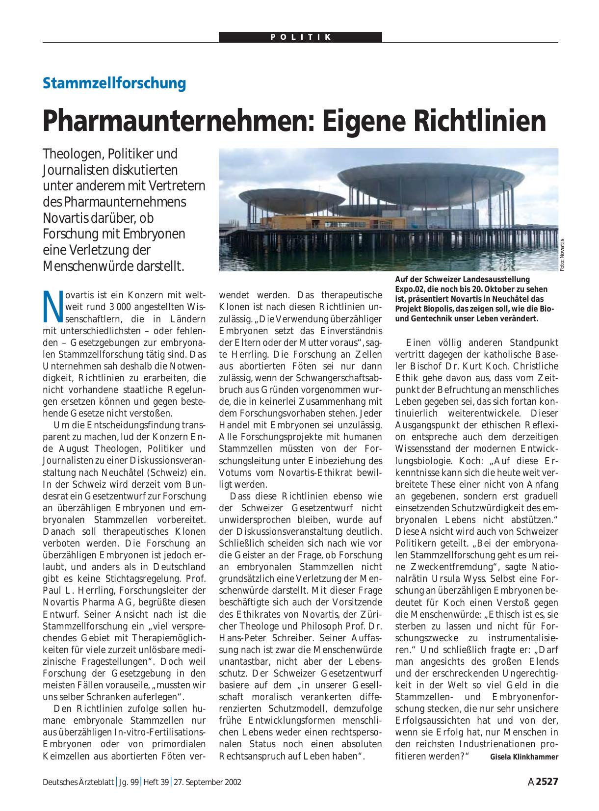 Vorschauseite 1: Stammzellforschung: Pharmaunternehmen - Eigene Richtlinien