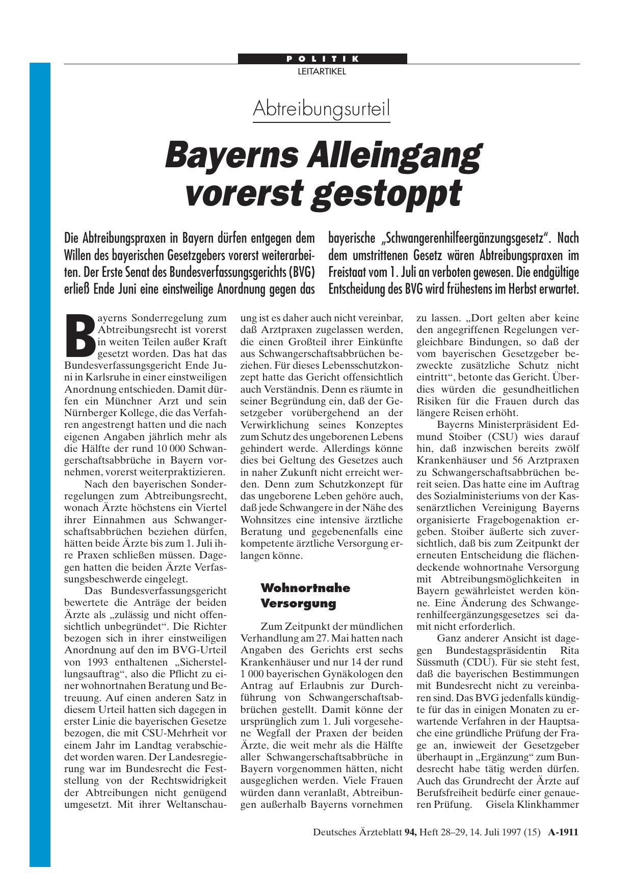 Vorschauseite 1: Abtreibungsurteil: Bayerns Alleingang vorerst gestoppt