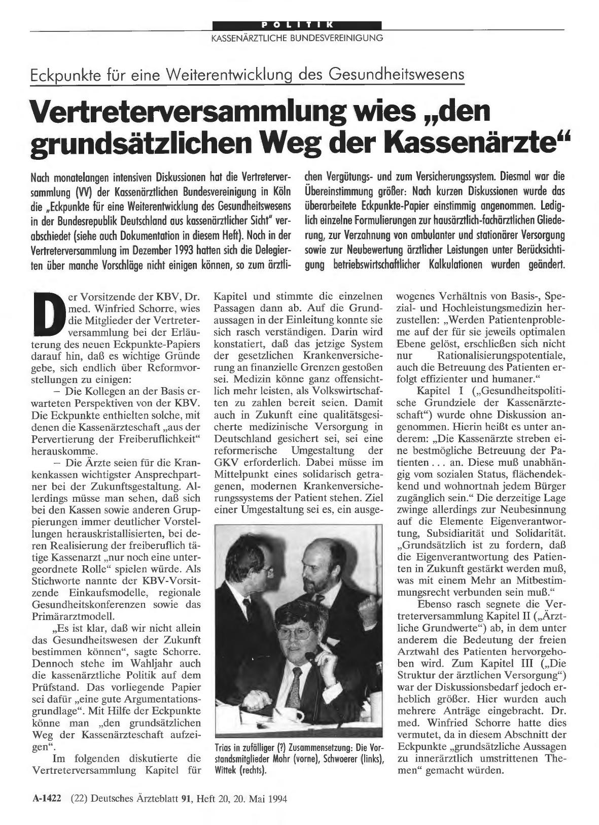 Vorschauseite 1: Eckpunkte für eine Weiterentwicklung des Gesundheitswesens: Vertreterversammlung wies „den grundsätzlichen Weg der Kassenärzte“