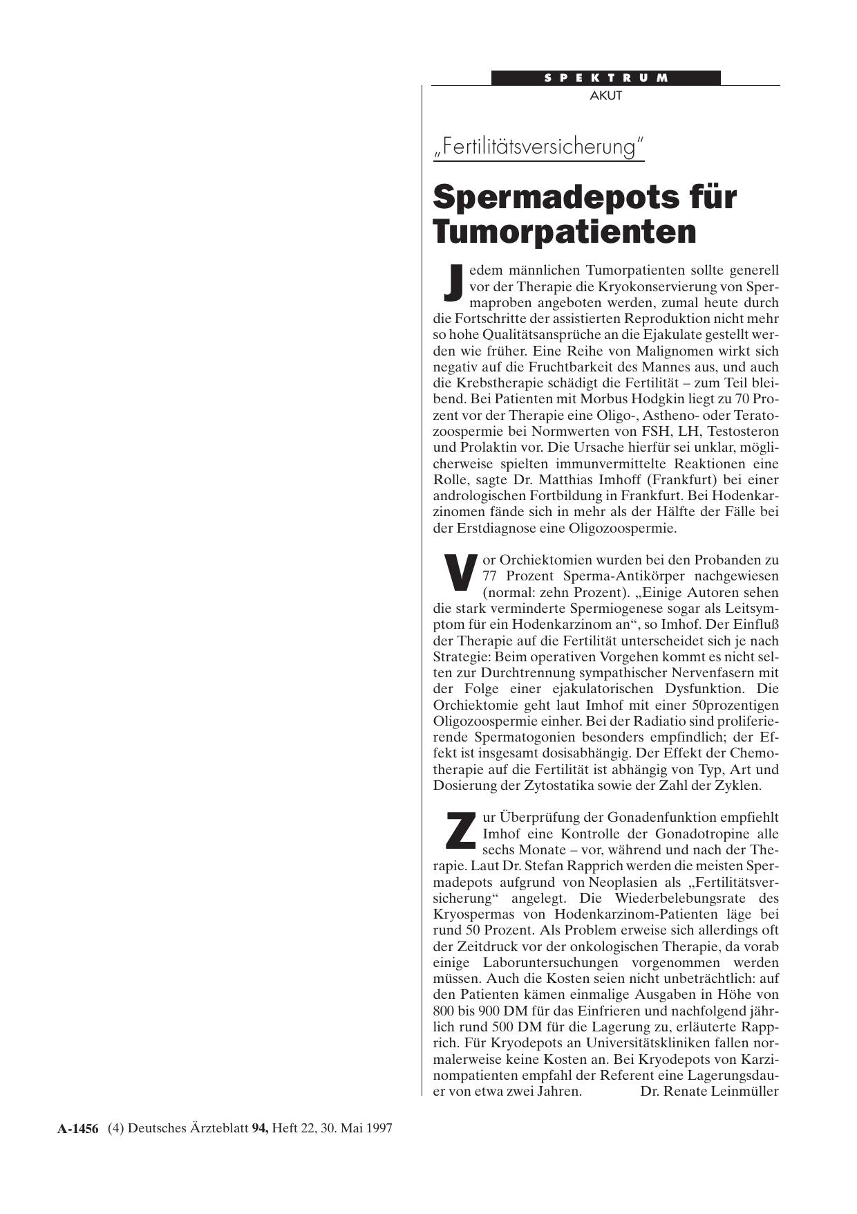 Vorschauseite 1: „Fertilitätsversicherung„: Spermadepots für Tumorpatienten