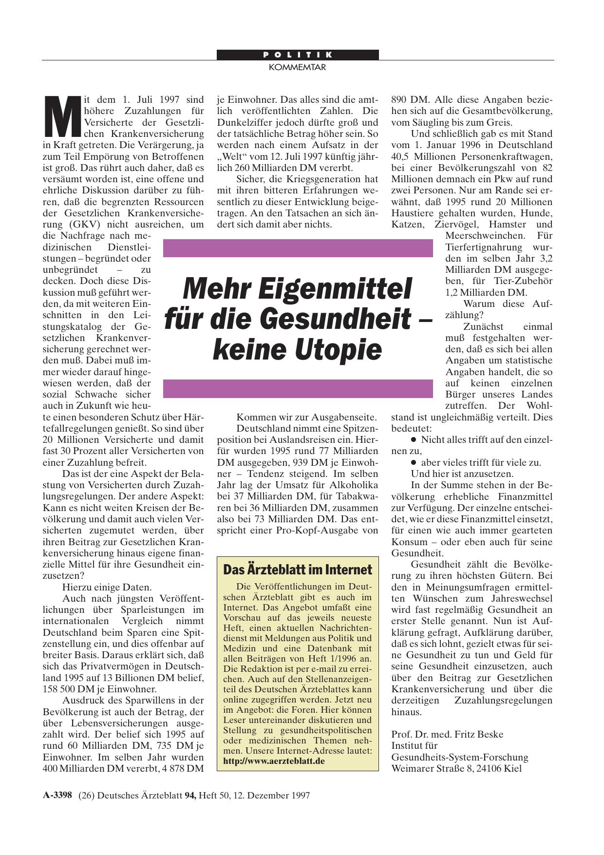 Vorschauseite 1: Mehr Eigenmittel für die Gesundheit - keine Utopie