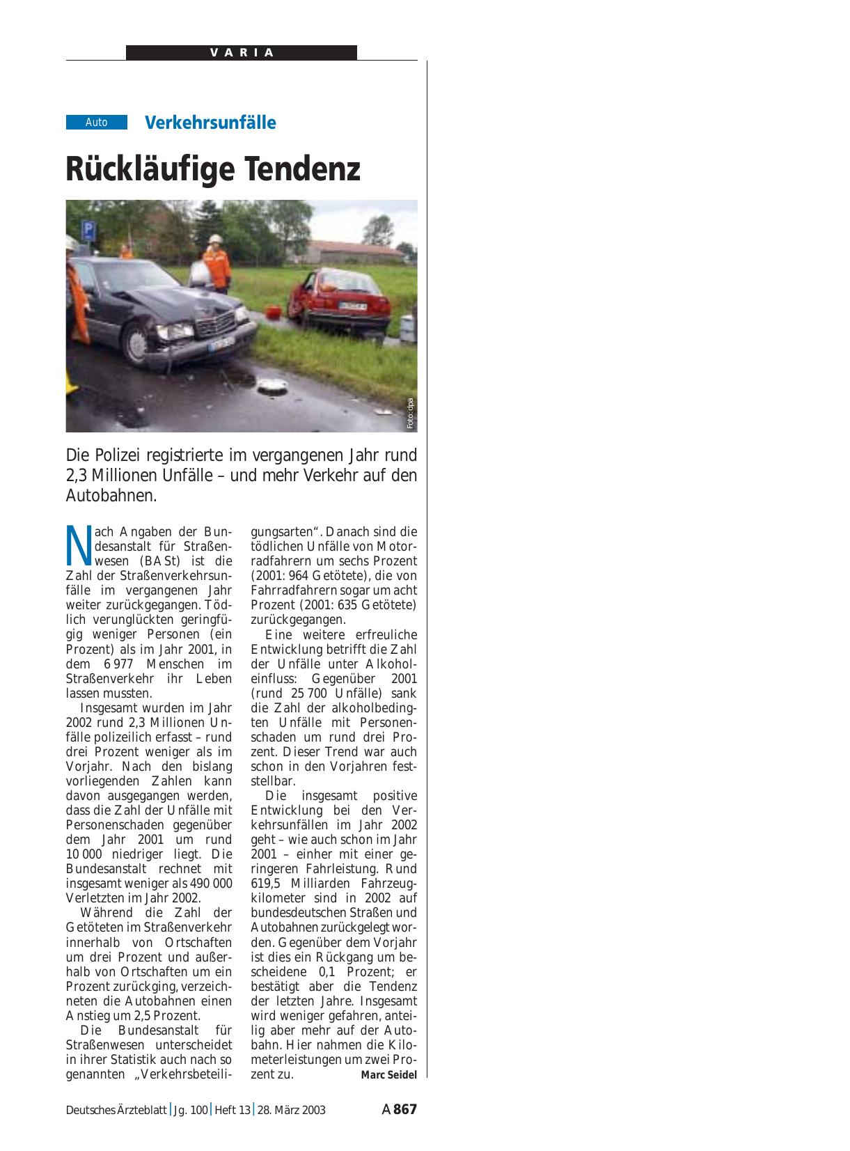 Vorschauseite 1: Verkehrsunfälle: Rückläufige Tendenz